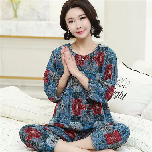 Mom Long-sleeved Retro Home Wear Set Women's Ethnic Floral Printing Pajamas Casual Middle-aged Elderly Large Size Loose Pajamas Two-piece Set