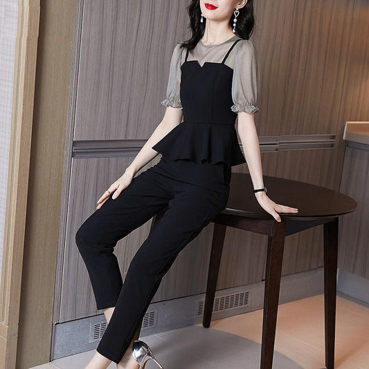 Suit Women Xia Xian Thin Chiffon Shirt Pants Short-sleeved Stitching Top Casual Temperament Two-piece Chiffon Fabric Light and Breathable