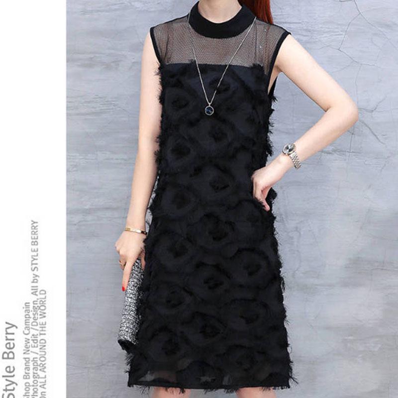 Summer Women Mesh Gauze Stitched Sleeveless Chiffon Dress Fringed Sexy Dress A-line Dress