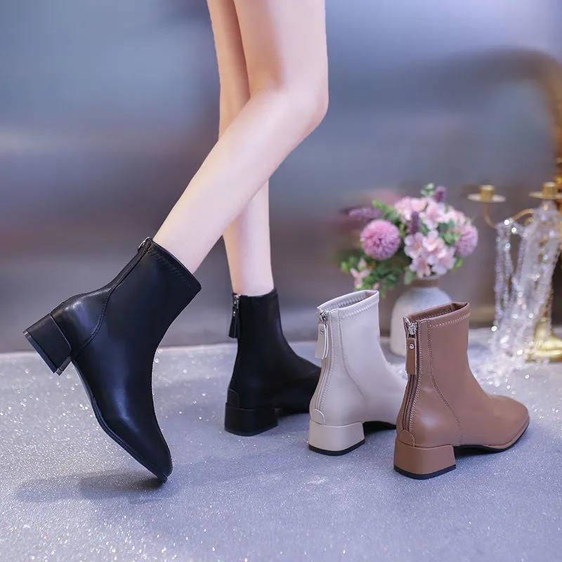 Thick Heel Martin Boots Spring and Autumn Single Boots Middle Heel Soft Leather Women's High Top Small Leather Shoes Short Boots