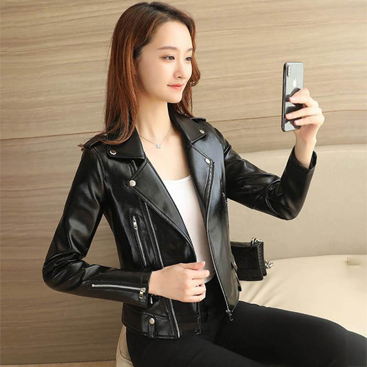 Small Leather Jacket Women Plus Velvet Thick Short Leather Jacket Autumn and Winter Leather Jacket Slim Slimming