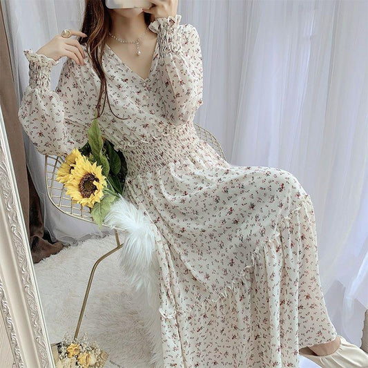 Women Spring Summer Vintage Floral Print Chiffon Long Holiday Dress Elegant Slim Long Sleeve Fairy Large Hem Dress