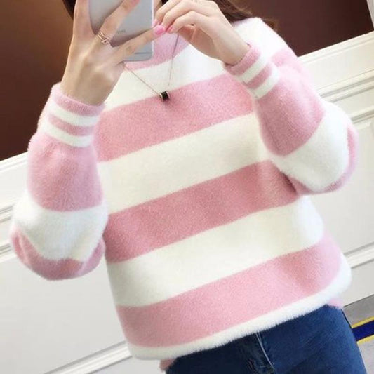 Loose Large Size Striped Sweater Autumn and Winter Turtleneck Sweater Thick Warm Sweater Women