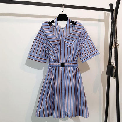 Women Halter Strap Dress Female Summer Skirt V-neck Striped Shirt Dress for Party Office