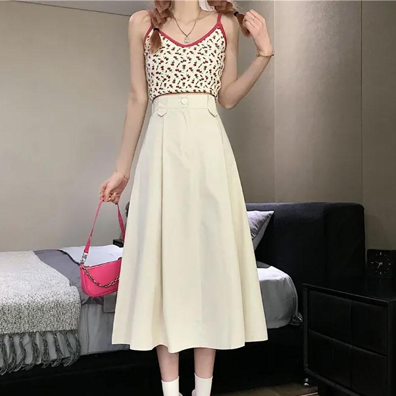 Women's Long Skirts Elastic High Waist Casual Skirt Girl's Spring Summer Solid Color A-line Skirts All-match Pleated Skirt