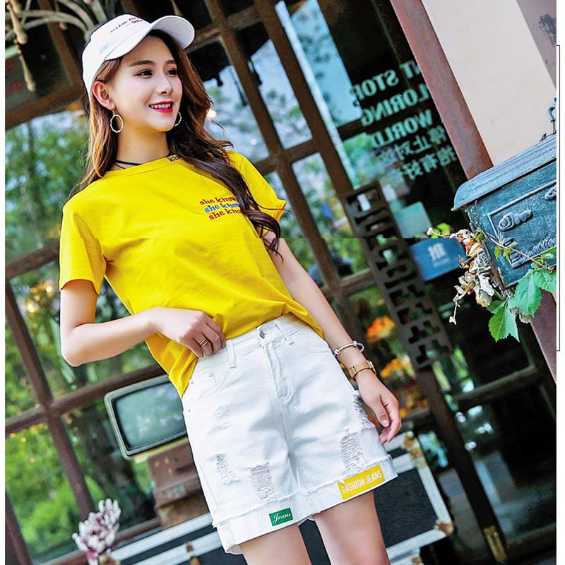 WTEMPO White Denim Shorts Women's Five-point Pants High Waist Straight Summer Loose Loose Hole Pants