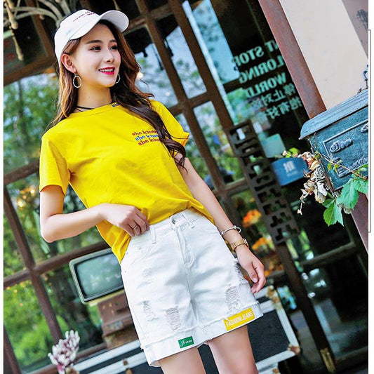 WTEMPO White Denim Shorts Women's Five-point Pants High Waist Straight Summer Loose Loose Hole Pants