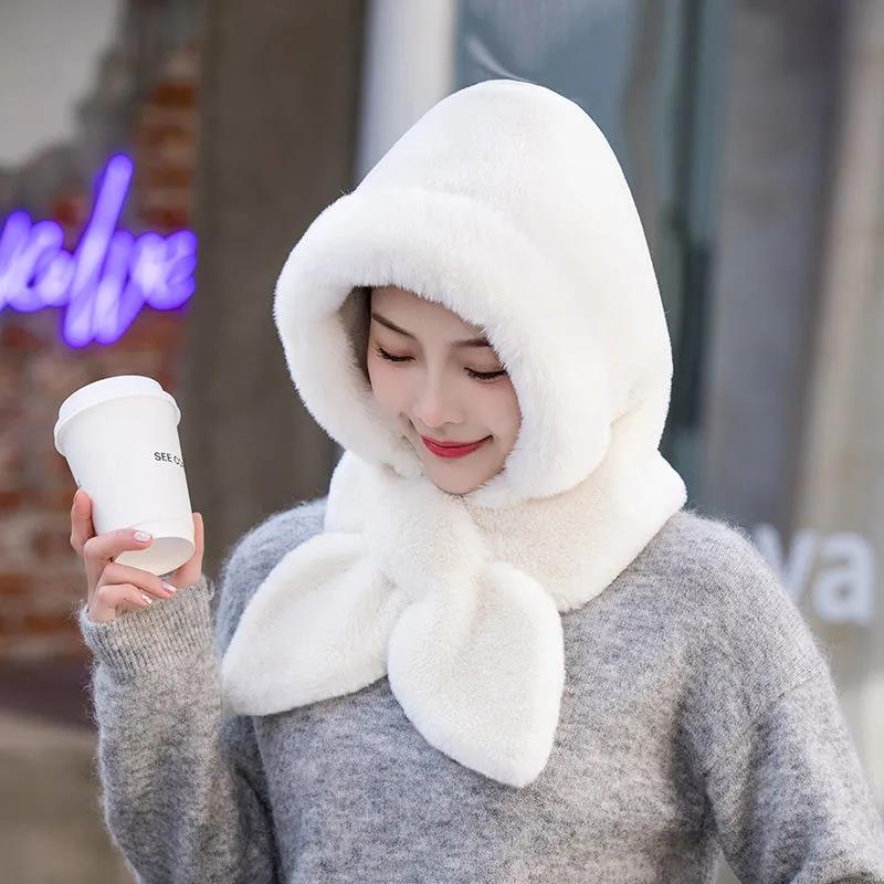 Women Plus Velvet Hat Rabbit Scarf Bow Set One Piece Fake Collar Winter Windproof Hooded Cold-proof Plush Padded Collar Warm Ear Protection Caps