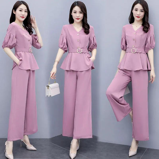 Ladies Chiffon Suit V-neck Waist Slimming Shirt Loose Wide-leg Pants Two-piece Loose and Thin Temperament Casual Two-piece Professional Wear