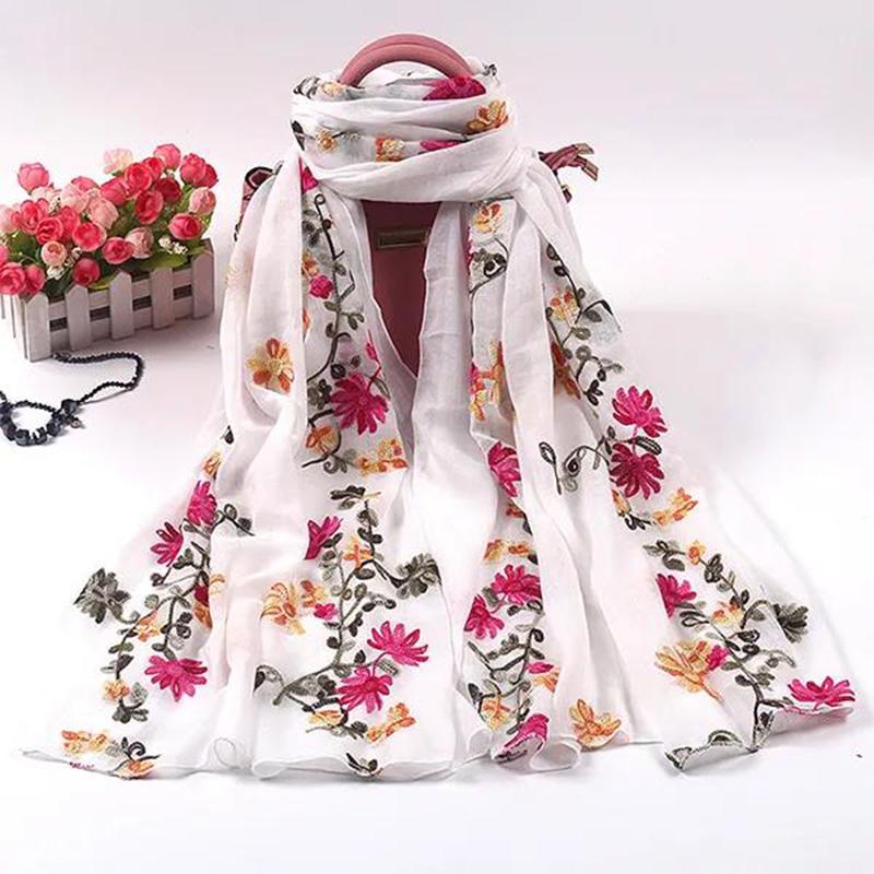 Women's Embroidered Scarf Korean Style Acrylic Embroidered Scarf Chiffon Long All-match Gauze Scarf Four Seasons Silk Scarf Shawl