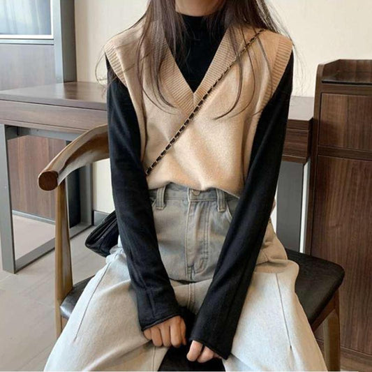 Loose Short Sleeveless V-neck Waistcoat Waistcoat Vest V-neck Knitted Vest Women's Solid Color Simple and Thin Sweater