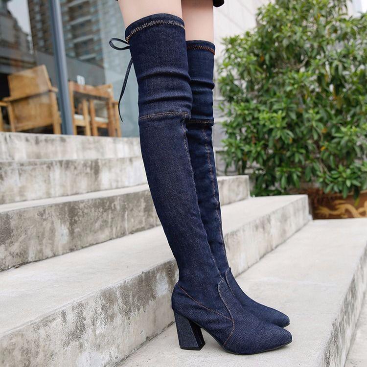 High Boots Female Pointed High-heeled Hole Denim Skinny Legs Over The Knee Boots Single Boots 35-42