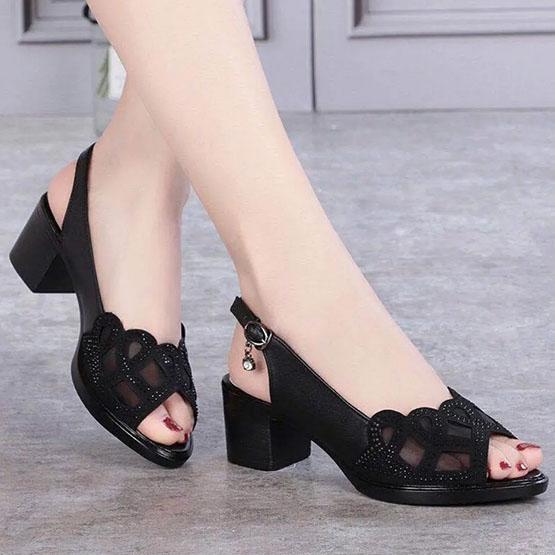 Women's Sandals Real Soft Leather Summer Mesh Fish Mouth Shoes Thick Heel Mid-heel Hollow Soft Sole Shoes