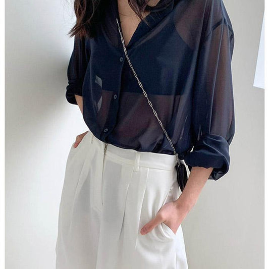 Ice Silk Sunscreen Women's Summer Black Chiffon Shirt Loose Thin Cardigan Coat