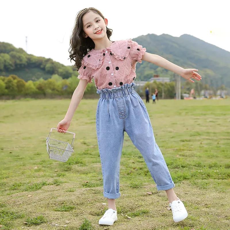 2PCS Children Clothing Set Spring Summer Girls Suits Wave Point Short Sleeve Tops + Denim Pants Clothing Set