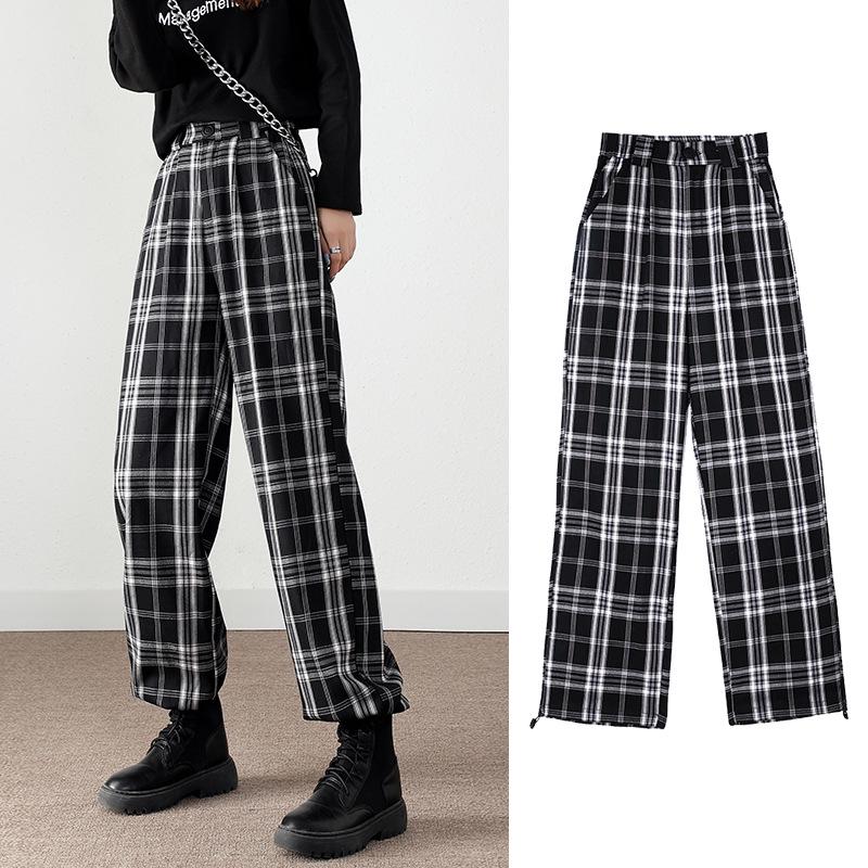 Women's Black and White Plaid Pants Loose Straight High Waist Slimming Casual Wide-leg Plus Size Pants