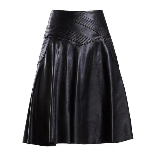 Women Spring Autumn PU Leather Skirts Lady High Waist A-line Skirt Midi Length Black Skirt Women