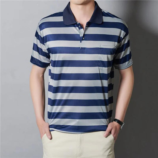 Dad's Short-sleeved T-shirt Summer Casual Loose Ice Silk Polo Shirt Men's Thin Lapel Striped Large Size Middle-aged and Elderly Tops