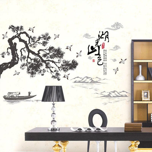 [sticker ]Chinese Style Wall Stickers Lakes Mountains Landscape Painting Art Decals Mural Living Ro