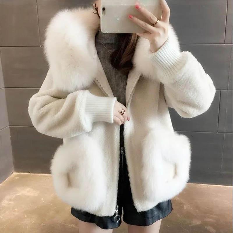 Autumn and Winter Models of Imitation Fox Fur Collar Sheep Shearing Fur Coat Women's Fall and Winter Hooded Short Wool Coat