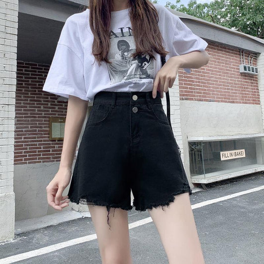 Denim Shorts Women's High Waist Summer Korean Style Loose and Thin A-line Ripped Pants