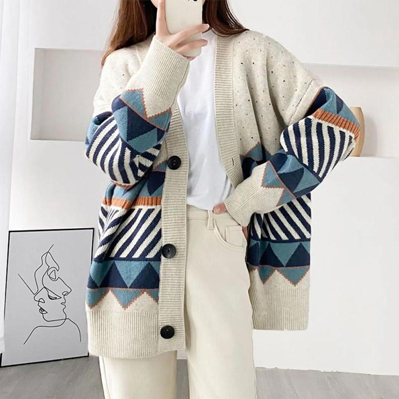 2021 Spring and Autumn Sweater Cardigan Jacket Women's Knitwear Loose Outer Wear Color Blocking V-neck Top