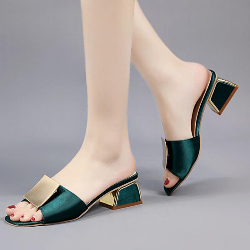 Slippers Women Are Thin Korean Version of All-match Summer Outer Wear Thick Heel Square Buckle Open Toe High Heel Sandals and Slippers