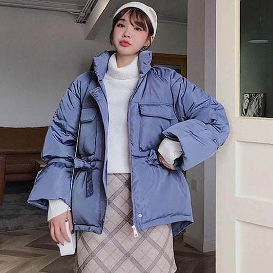 Winter Coat Female Students Loose Short Thick Padded Coat Ins Bread Coat Drawstring Parka Coat Zipper Pockets Female Warm Elegant Coat Jacket