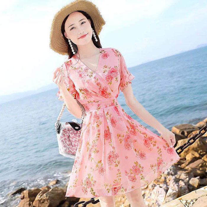 Pofulove Women Chiffon Floral Short-sleeved Dress Slim Short Sun-dresses Vacation Pink Beach Skirt