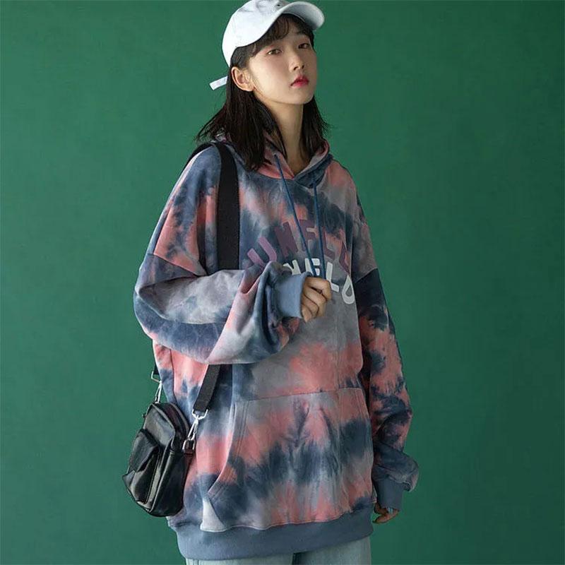 Female Tie-dye Sweater Spring and Autumn Student Thin Section Long-sleeved Pullover Sweater Ins Korean Style Loose College Style Top Coat