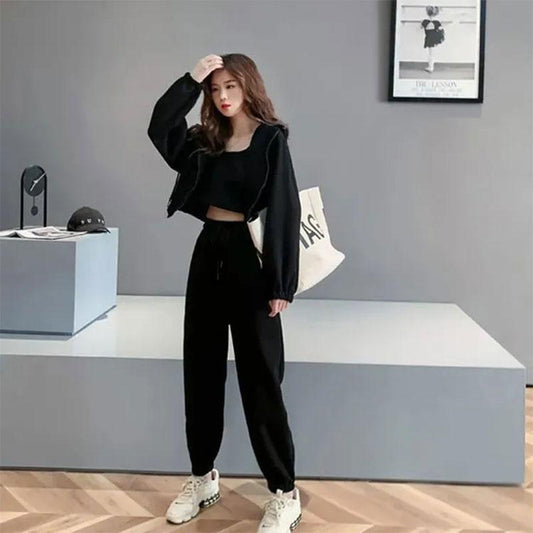 3PCS Sports Suit Women's Casual Sweater + Vest + Loose Trousers High-end Fried Street Three-piece Women's Fitness Sports Suit