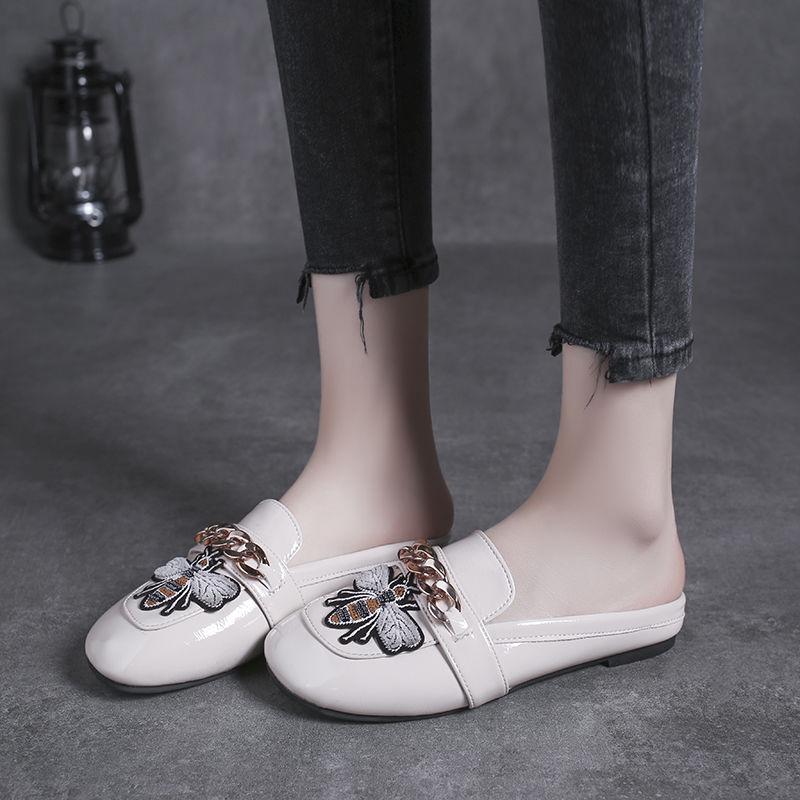 Summer Women's Shoes Square Head Lazy Shoes Flat Bottom Patent Leather Half Drag Outside Wear Slippers