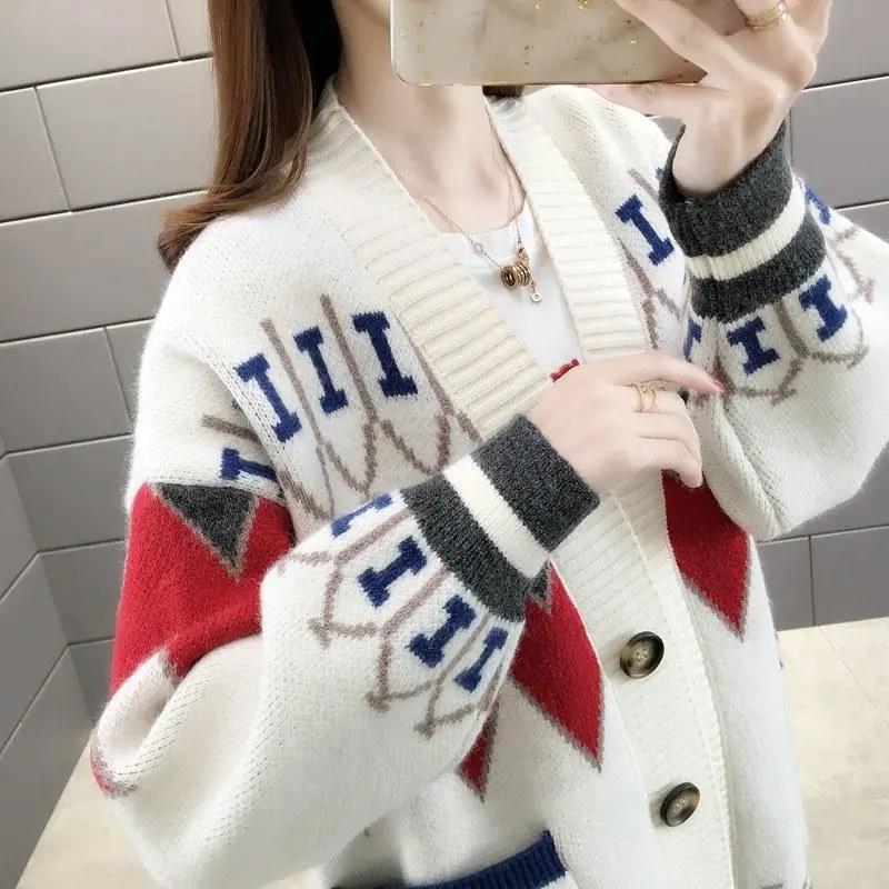 Lazy Jacquard V-neck Long Sleeve Warm Loose Sweater Cardigan Women's Knitted Loose Sweater Jacket Wild Knit Cardigan