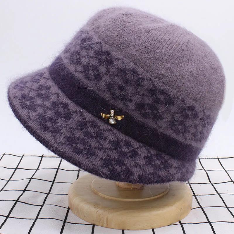 Ladies Autumn Winter Warm Rabbit Woolen Hat Mother's Knitted Hat with Velvet Thickening Rhinestone Decoration Cap High Quality Cold Proof Hat Headgear