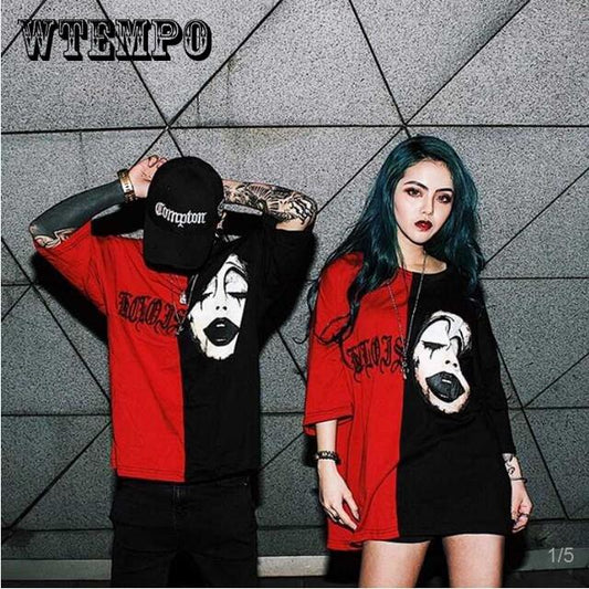 Black and Red Stitching Print Short-sleeved T Shirt Women Embroidery Hit Color Couple