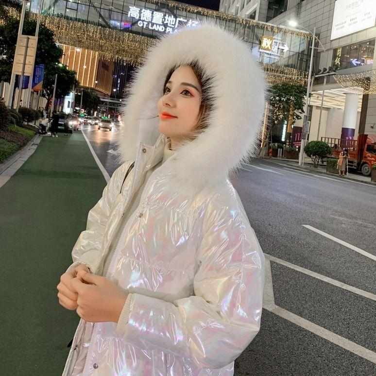 Bright Face Large Fur Collar Coat Mid-length Cotton-padded Jacket Loose and Thick Women's Bright Face Thickened Bread Down Jacket