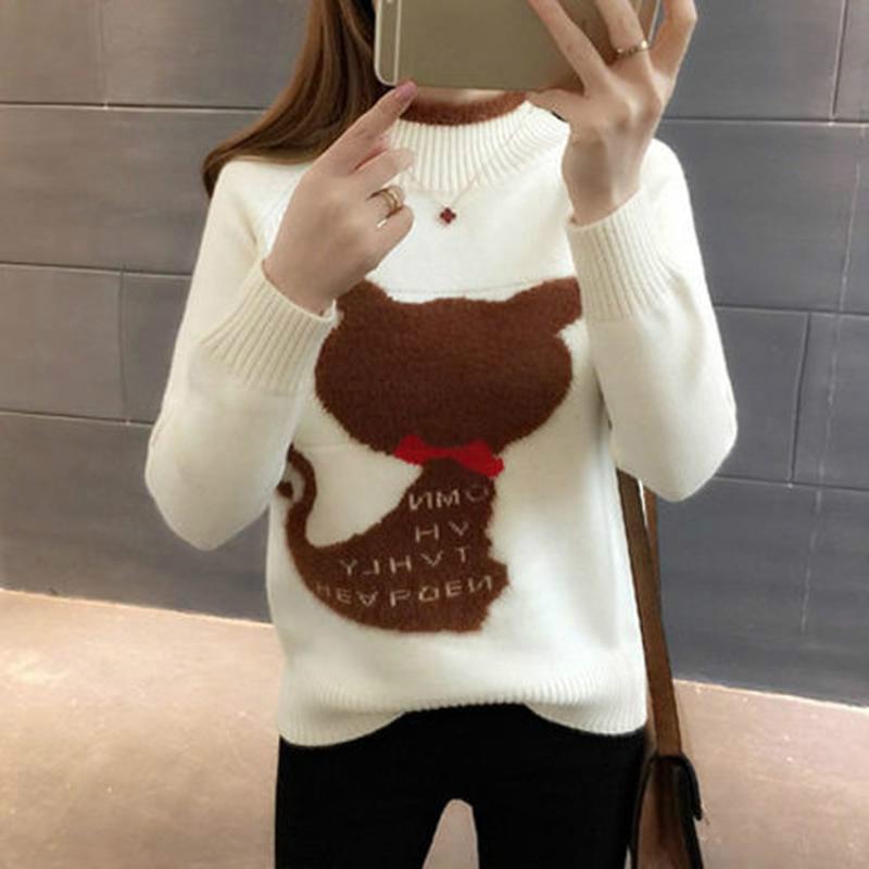 Thicken Sweater Female Autumn and Winter High Collar Loose Printed Sweater Long Sleeve Warm