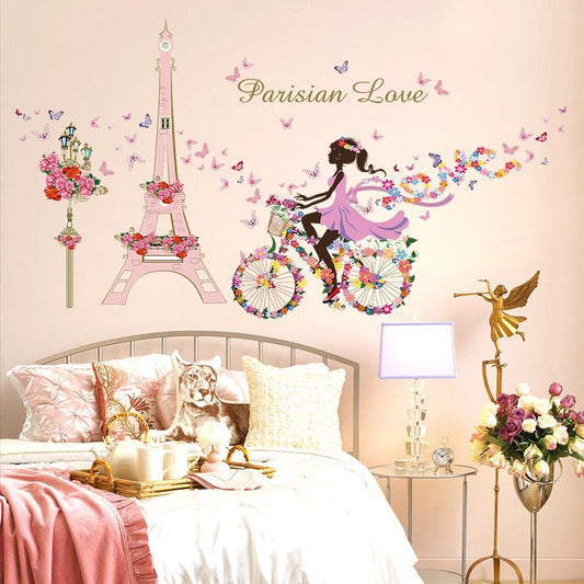 Flower Fairy Bicycle Tower Girl Bedroom Living Room Cafe Decoration Wall Sticker