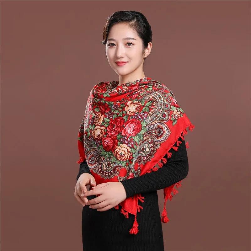 Women's Ethnic Style Square Scarf Printed Shawl Fringed Cotton Scarf Autumn and Winter Warm Embroidered Shawl Multifunctional Turban Shawl Scarf