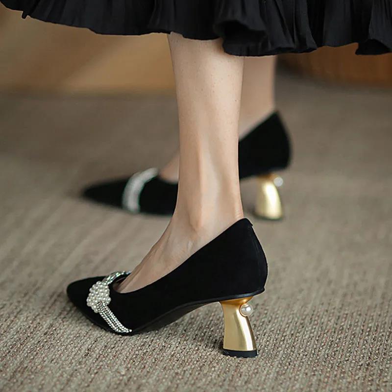 Genuine Leather Single Shoes Women Thick Heel French Retro Pearl High Heels Temperament Professional Work Shoes Women