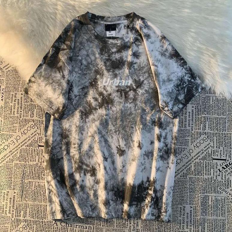 Women Summer Round Collar Short Sleeve T-shirt Loose Versatile Tie Dye Streetwear Letter Printing T-shirt