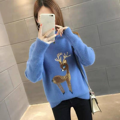 Pofulove Faux Mink Plus Velvet Thick Half Turtleneck Christmas Sweet Pullover Sweater Women Loose Autumn Winter Warm