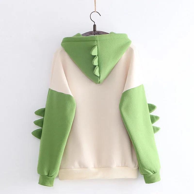 Dinosaur Oversized Cartoon Hoodie Women Sweatshirt Casual Print Korean Style Thicken Sweatshirt Winter Dino Hoodie Tops Cute Warm Sweater