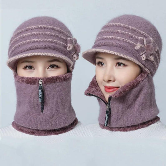 Women's Hat Autumn and Winter Floral Face Ear Protection Wool One-piece Scarf Mask Hat Plus Velvet Thickening Cycling Windproof Warm Mother Hat