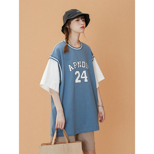 Sportswear Casual Short-sleeved Fake Two-piece T-shirt Women's Unisex Summer Loose Design Small Trendy Tops