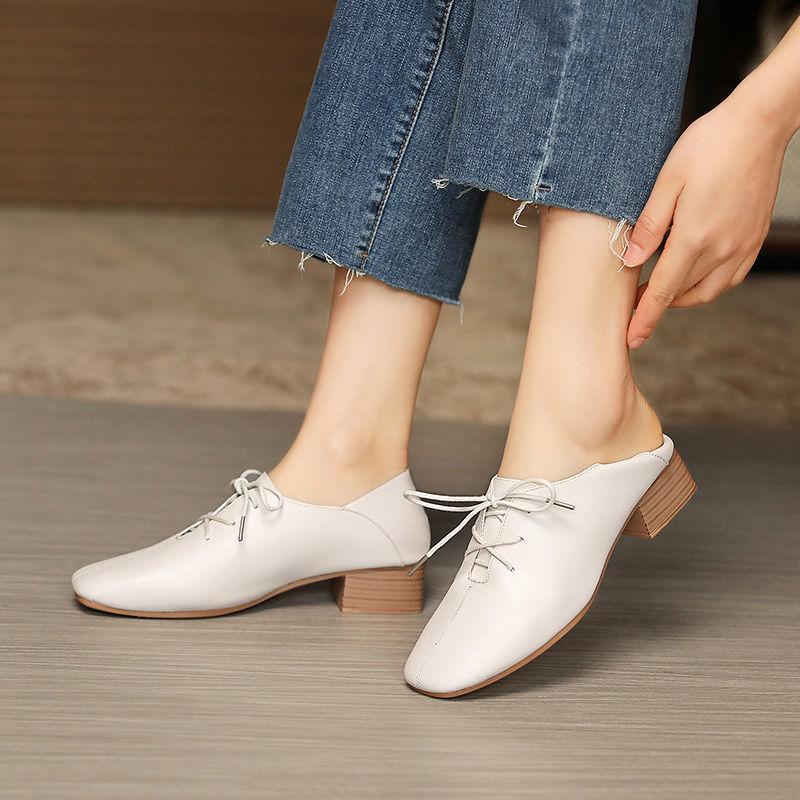 Soft Leather Single Shoes Women All-match Retro Mid-heel Shoes Thick Heel Soft Sole Pedal Casual Work Shoes Mid-heel Leather Shoes Women