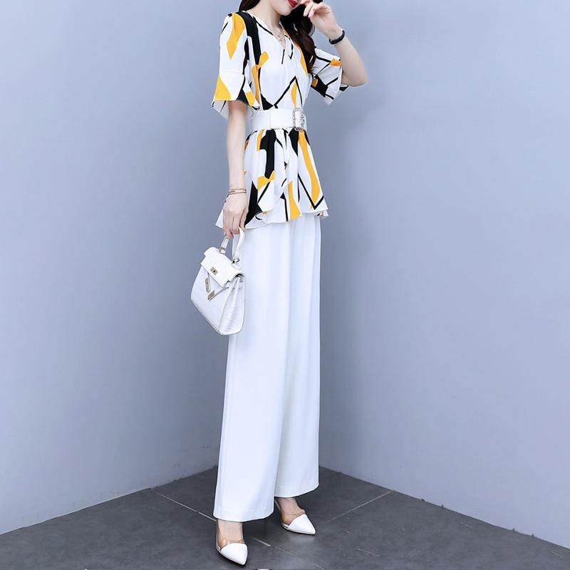 Chiffon Suit Female Temperament Suit Two-piece Suit Waist Slimming Chiffon Shirt Loose Wide-leg Pants Two-piece Suit Ladies Elegant Suit