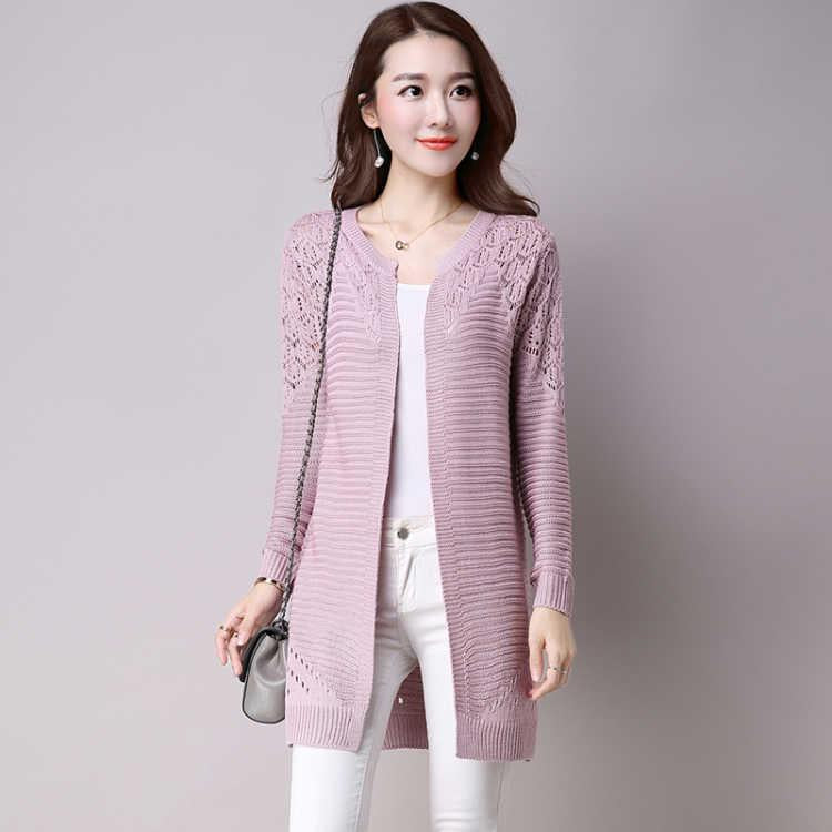 Long Sweater Women's Jacket Knit Cardigan New Hollow Solid Color Wild Knit Jacket Coat Female