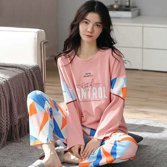 Women Pajamas Suit Spring Autumn Cotton Soft Sleepwear Long Sleeve Tops and Pants Set Pullover O Neck Cartoon Cute Loose Casual Nightwear