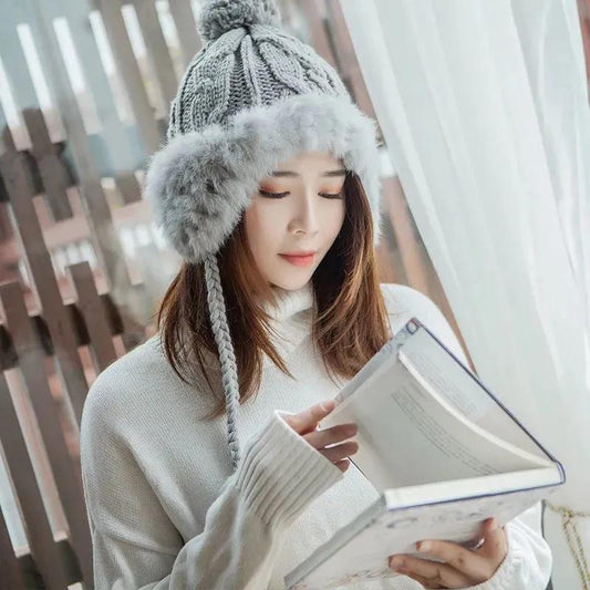 Winter Women's Hats Fashion Rabbit Fur Knitted Hats Plush Ear-covering Warm Woolen Caps Thickened Warmth Outing Hats